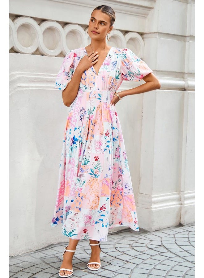 Maxigerui Women's Floral Maxi Dress Spring Summer Wedding Guest Dress, E#pink Blue Floral Print, XL - Image 3