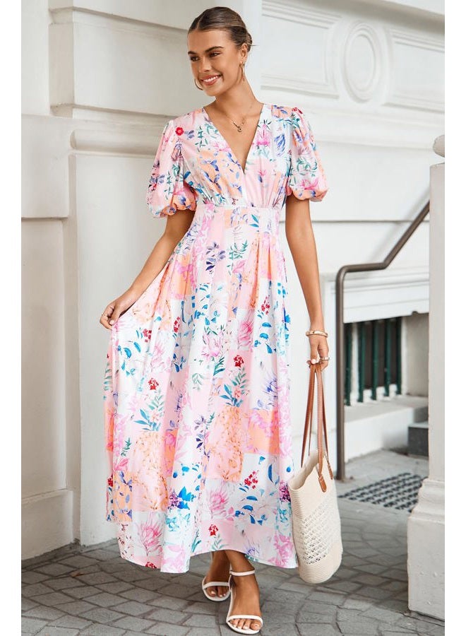 Maxigerui Women's Floral Maxi Dress Spring Summer Wedding Guest Dress, E#pink Blue Floral Print, XL - Image 2