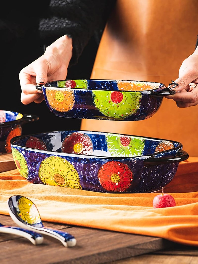 Bicuzat Vintage Style Pottery Bakeware Colorful Daisy Pattern Ceramic Casserole Dish Baking Pan Lasagna Pans Baking Dish with Handles from Oven to Table Plate-1 PCS, 60 OZ - Image 3