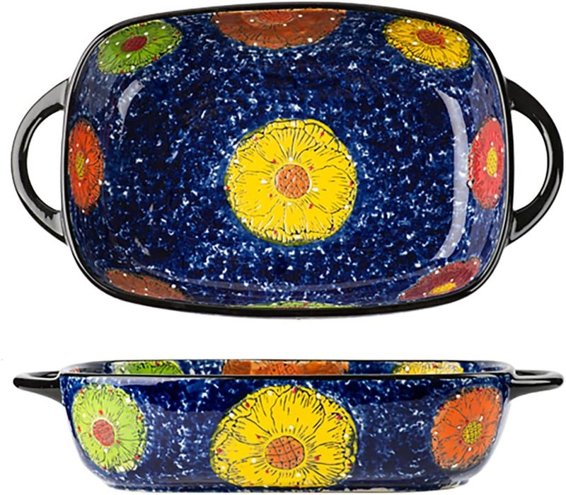 Bicuzat Vintage Style Pottery Bakeware Colorful Daisy Pattern Ceramic Casserole Dish Baking Pan Lasagna Pans Baking Dish with Handles from Oven to Table Plate-1 PCS, 60 OZ - Image 1