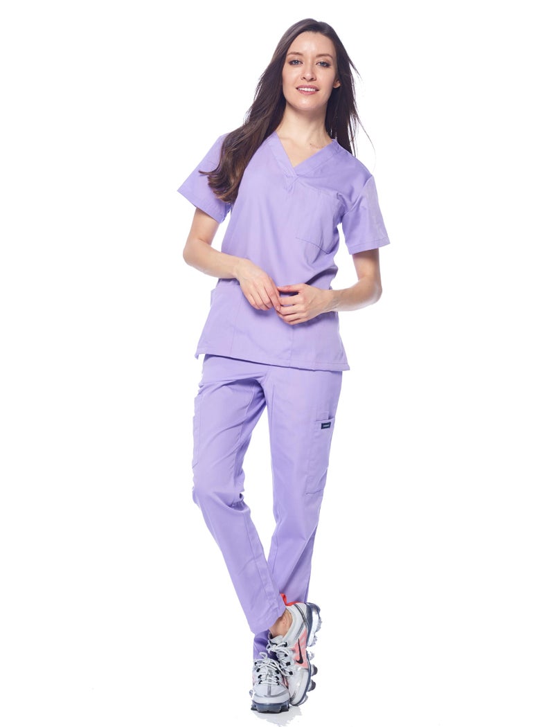 Dagacci Medical Uniform Woman and Man Scrub Set Unisex Medical Scrub Top and Pant, Lavender, XXL - Image 2