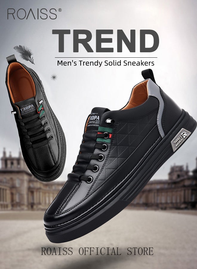 roaiss Casual Versatile Leather Shoes for Men Round Toe Low Top Front Lace up Breathable Anti Slip Oxfords Walking Shoes Mens Stretch Sole Comfort Wear Resistant Driving Shoes Black for All Seasons  - Image 1
