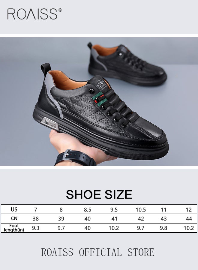 roaiss Casual Versatile Leather Shoes for Men Round Toe Low Top Front Lace up Breathable Anti Slip Oxfords Walking Shoes Mens Stretch Sole Comfort Wear Resistant Driving Shoes Black for All Seasons  - Image 2