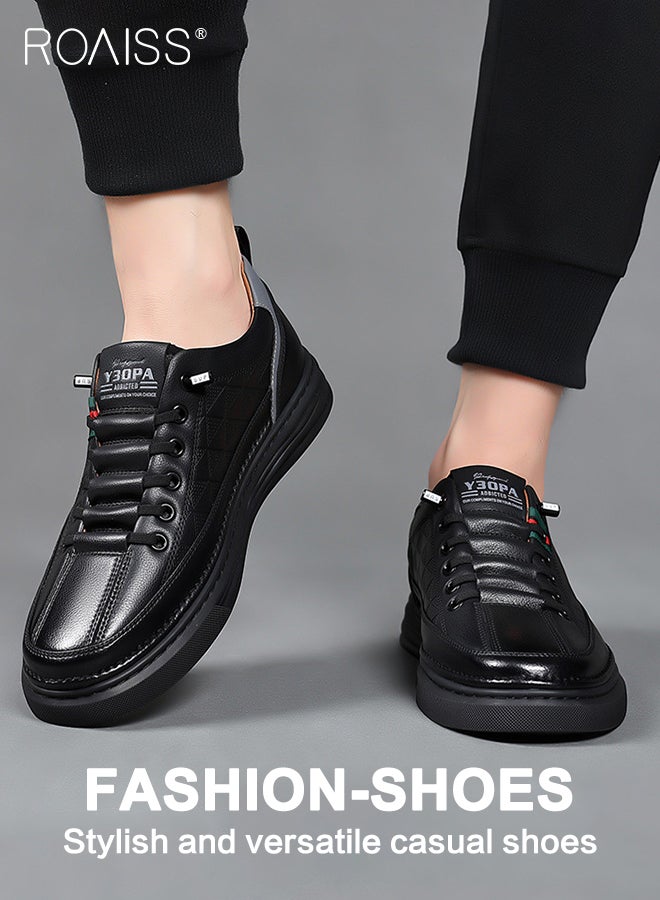 roaiss Casual Versatile Leather Shoes for Men Round Toe Low Top Front Lace up Breathable Anti Slip Oxfords Walking Shoes Mens Stretch Sole Comfort Wear Resistant Driving Shoes Black for All Seasons  - Image 3