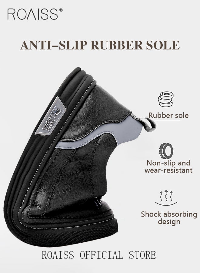 roaiss Casual Versatile Leather Shoes for Men Round Toe Low Top Front Lace up Breathable Anti Slip Oxfords Walking Shoes Mens Stretch Sole Comfort Wear Resistant Driving Shoes Black for All Seasons  - Image 5