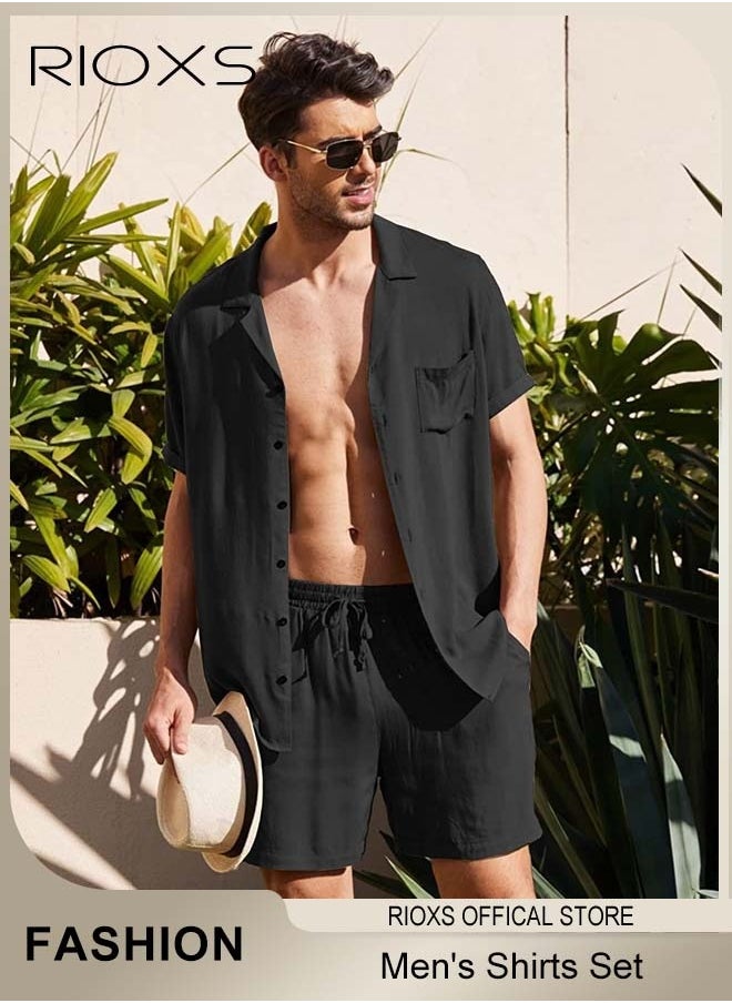 RIOXS - Men's Button-Down Shirts, 2 Piece Men's Shirts, Short Sleeve Casual Shirts,Button Down Shirt For Men Father, Beach Summer Wedding Shirt Hawaiian Outfits - Image 1