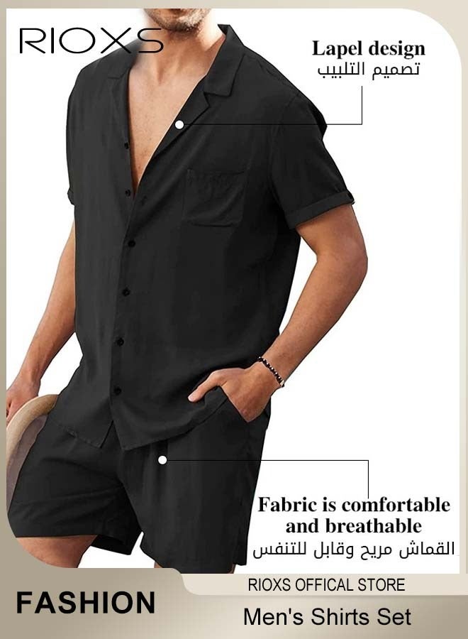 RIOXS 2-Piece Men's Summer Outfits, Loose Fit Button-Down Short Sleeve Shirts with Wide Leg Shorts, Casual 2 Piece Beach Outfits with Pockets, Lightweight Breathable Solid Shirt and Shorts, Crafted from High-quality Cotton Linen Blend, Perfect for Daily Wear, Sports, Party, Fitness, Working or Traveling, Black - Image 4