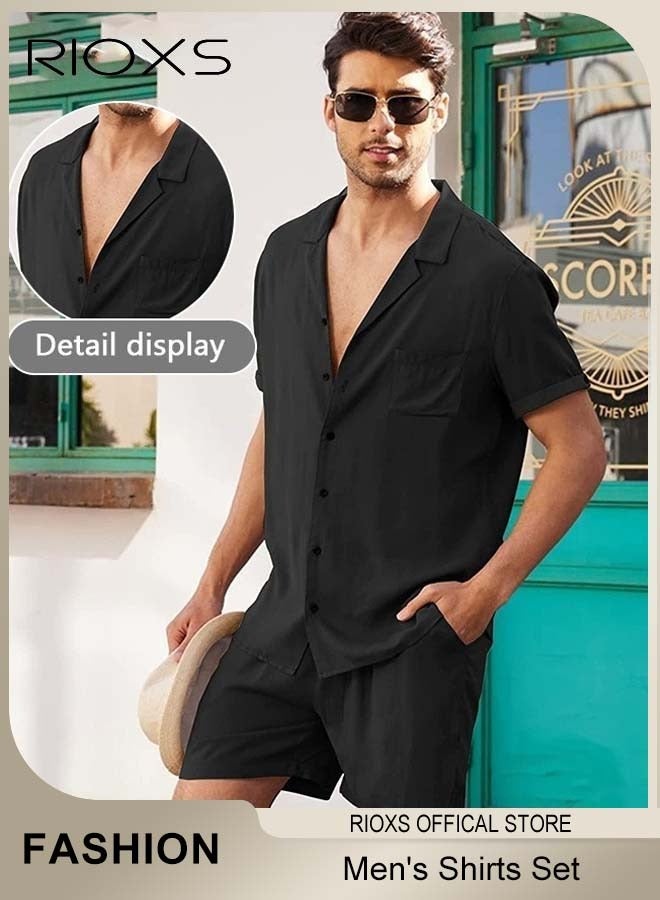 RIOXS 2-Piece Men's Summer Outfits, Loose Fit Button-Down Short Sleeve Shirts with Wide Leg Shorts, Casual 2 Piece Beach Outfits with Pockets, Lightweight Breathable Solid Shirt and Shorts, Crafted from High-quality Cotton Linen Blend, Perfect for Daily Wear, Sports, Party, Fitness, Working or Traveling, Black - Image 2