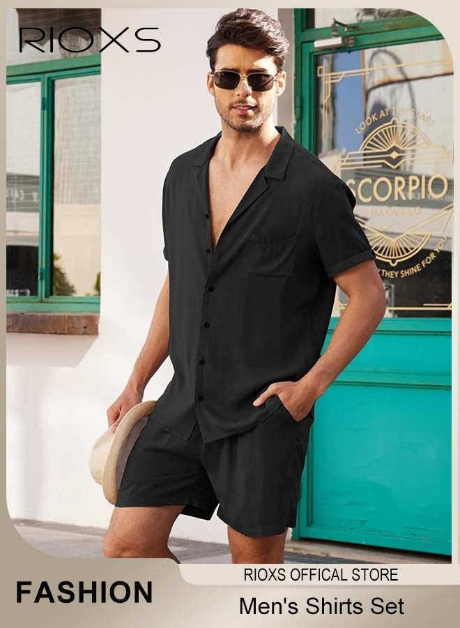 RIOXS 2-Piece Men's Summer Outfits, Loose Fit Button-Down Short Sleeve Shirts with Wide Leg Shorts, Casual 2 Piece Beach Outfits with Pockets, Lightweight Breathable Solid Shirt and Shorts, Crafted from High-quality Cotton Linen Blend, Perfect for Daily Wear, Sports, Party, Fitness, Working or Traveling, Black - Image 1