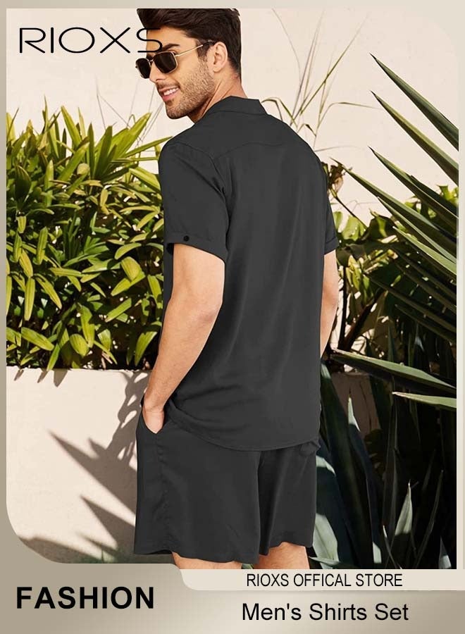 RIOXS 2-Piece Men's Summer Outfits, Loose Fit Button-Down Short Sleeve Shirts with Wide Leg Shorts, Casual 2 Piece Beach Outfits with Pockets, Lightweight Breathable Solid Shirt and Shorts, Crafted from High-quality Cotton Linen Blend, Perfect for Daily Wear, Sports, Party, Fitness, Working or Traveling, Black - Image 3