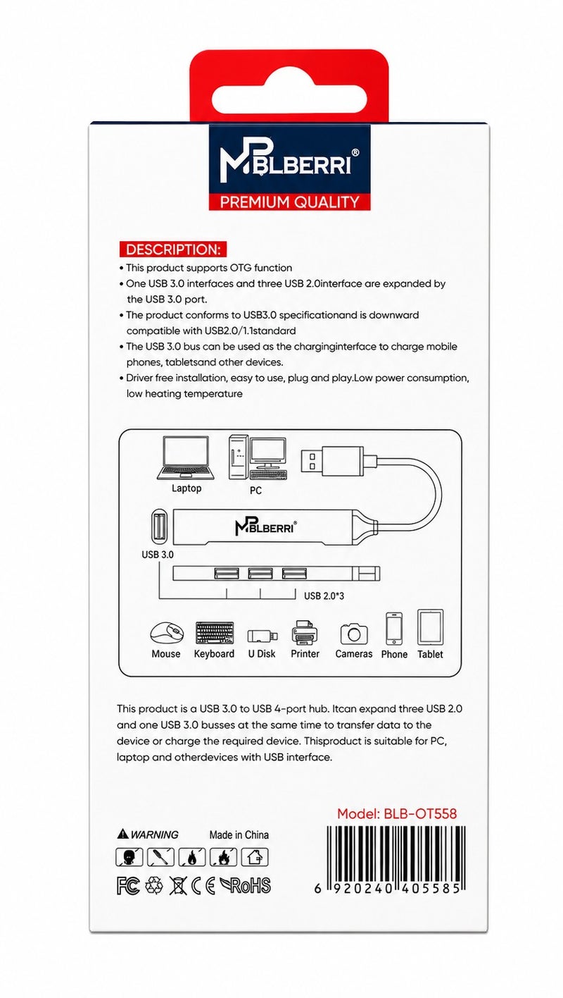 MPBLBERRI USB 3.0 to 4 USB Ports Hub 4-in-1 High Speed USB Splitter Adapter for Laptop, PC, MacBook, Keyboard, Mouse & Flash Drive - Image 3