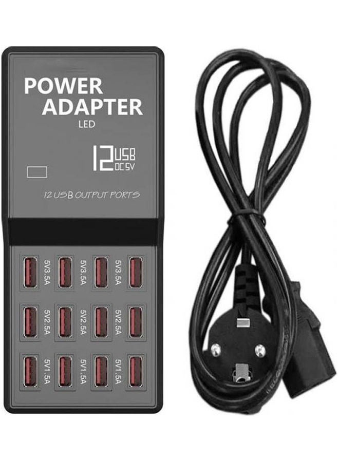 شاحن USB مع موزع ب12 منفذ ومحول طاقة للشحن متعدد السرعات بقابس أوروبي لأجهزة USB أسود - Image 1