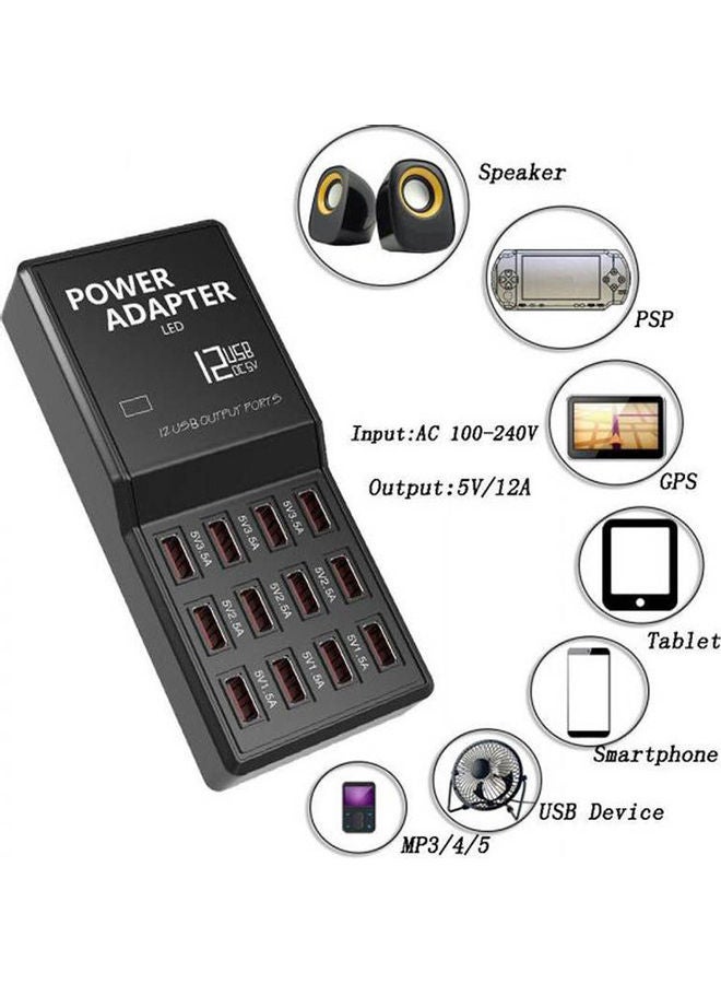 شاحن USB مع موزع ب12 منفذ ومحول طاقة للشحن متعدد السرعات بقابس أوروبي لأجهزة USB أسود - Image 2