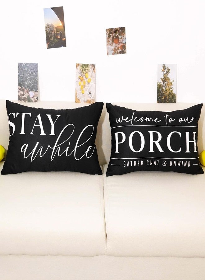 TAJWE Outdoor Pillow Covers Waterproof 12x20 Set of 2 Welcome to Our Porch Stay Awhile Cushion Cases for Patio Furniture Sofa Couch Decor Black - Image 2