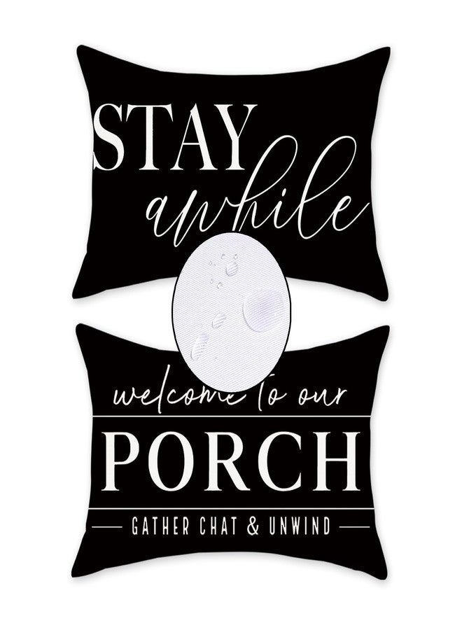 TAJWE Outdoor Pillow Covers Waterproof 12x20 Set of 2 Welcome to Our Porch Stay Awhile Cushion Cases for Patio Furniture Sofa Couch Decor Black - Image 1