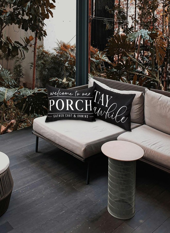 TAJWE Outdoor Pillow Covers Waterproof 12x20 Set of 2 Welcome to Our Porch Stay Awhile Cushion Cases for Patio Furniture Sofa Couch Decor Black - Image 3