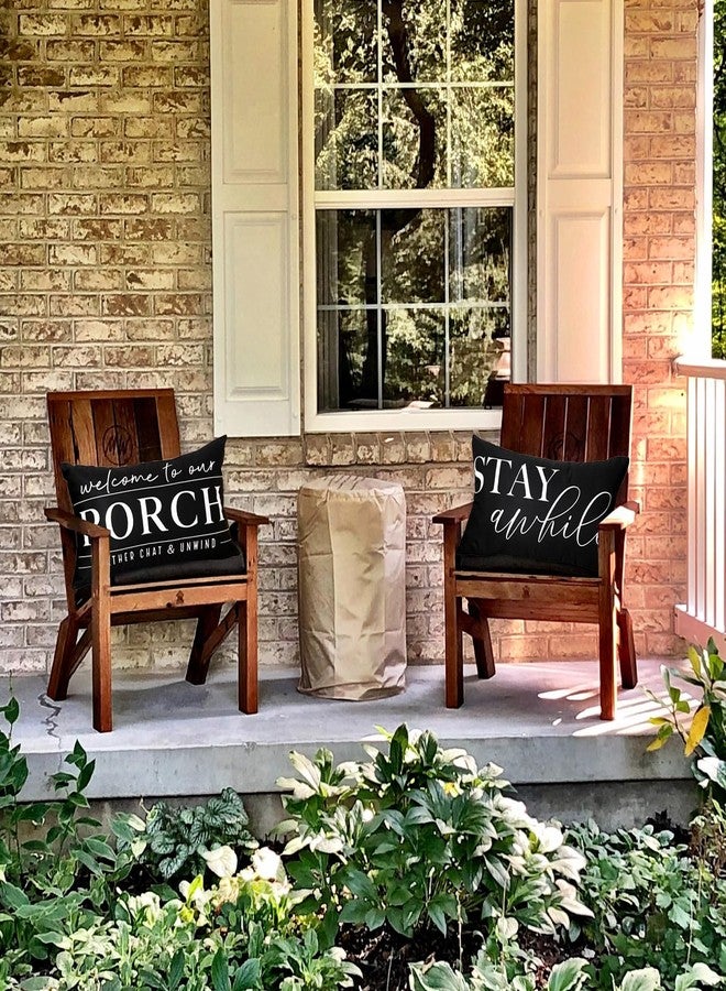 TAJWE Outdoor Pillow Covers Waterproof 12x20 Set of 2 Welcome to Our Porch Stay Awhile Cushion Cases for Patio Furniture Sofa Couch Decor Black - Image 4