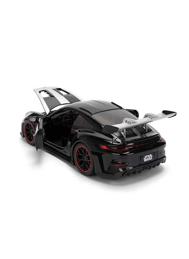 JADA سيارة جادا تويز ستار وورز دارث فيدر بورش 911 GT3 RS مصنوعة من المعدن 1:24 مع تمثال، أبواب وغطاء محرك يمكن فتحه، عجلات حرة، 19 سم - أسود - Image 4