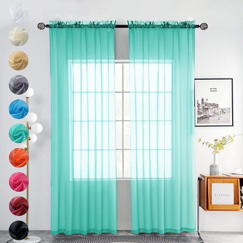 youleyar الصلبة القضيب القضيب الستار Voile Draperies 2 لوحات بيضاء بيج رمادي القهوة 52 بوصة طولها 45 بوصة 1 زوج 1 زوج لغرفة نوم المطبخ ساحة غرفة المعيشة (الفيروز 52wx45l) - Image 1