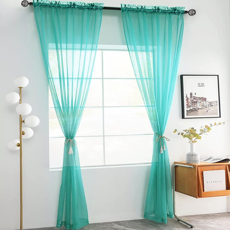 youleyar الصلبة القضيب القضيب الستار Voile Draperies 2 لوحات بيضاء بيج رمادي القهوة 52 بوصة طولها 45 بوصة 1 زوج 1 زوج لغرفة نوم المطبخ ساحة غرفة المعيشة (الفيروز 52wx45l) - Image 2