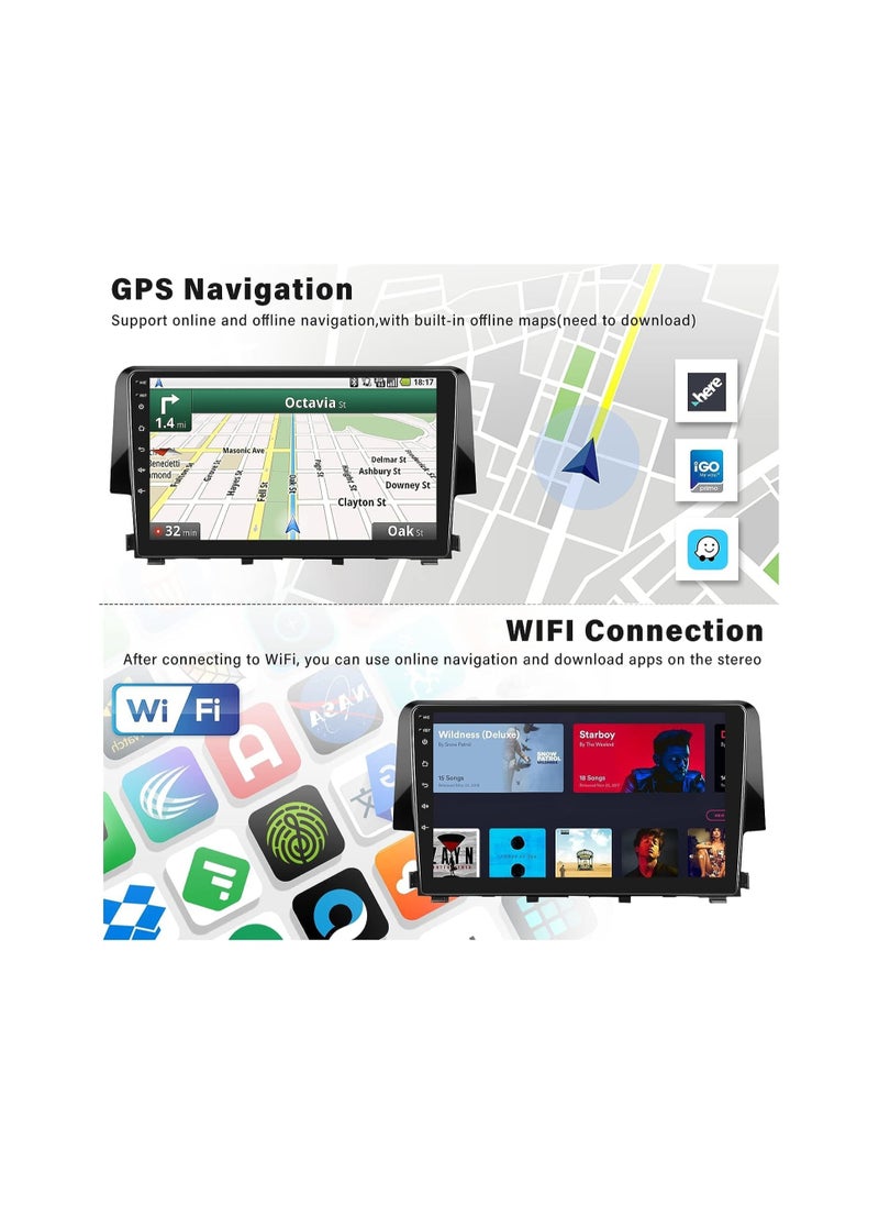 SHEZA STAR - Android Car Stereo for Honda Civic 2016 To 2020 6GB RAM 128GB ROM Support SIM Card, Apple Carplay, Mirror-Link Wi-Fi BT, Radio GPS Navigation, 9 Inch IPS Touch Screen with Backup Camera Included - Image 1