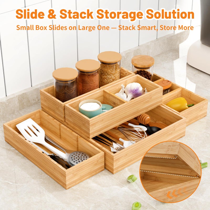SpaceWhisper Bamboo Drawer Organizer, 5-Piece Drawer Divider with Removable Dividers for Organization and Storage, Multi-Use Stackable Storage Box & Utensil Holder for Kitchen, Office, Makeup & More - Image 4