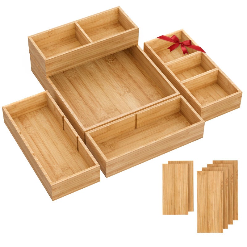 SpaceWhisper Bamboo Drawer Organizer, 5-Piece Drawer Divider with Removable Dividers for Organization and Storage, Multi-Use Stackable Storage Box & Utensil Holder for Kitchen, Office, Makeup & More - Image 1