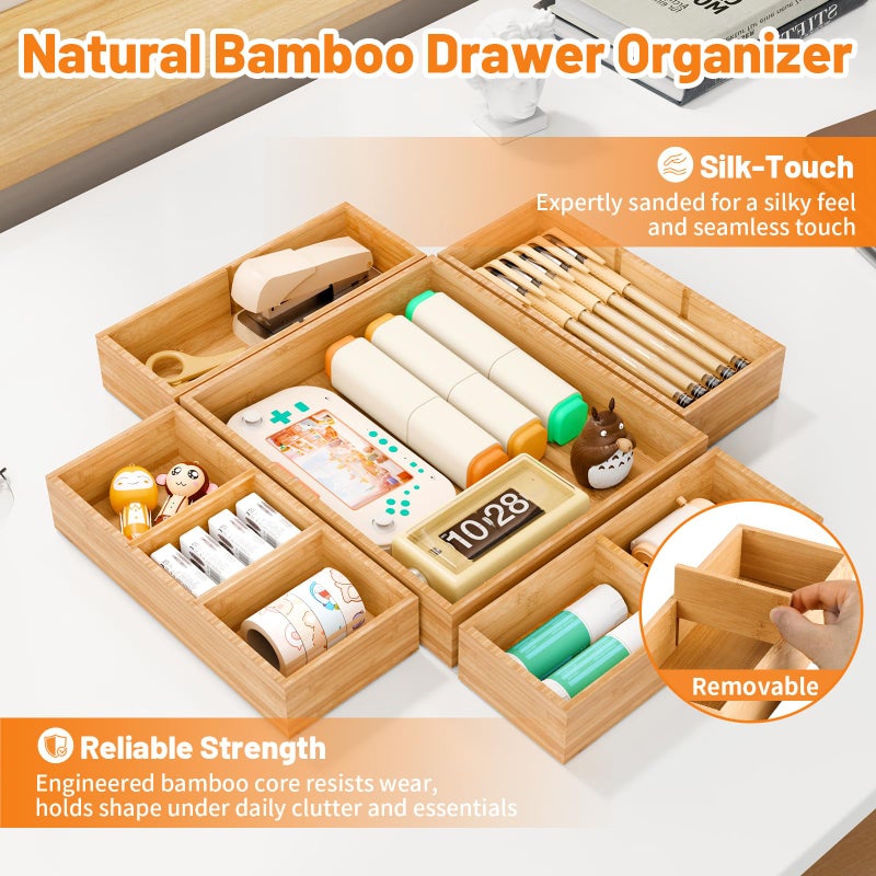 SpaceWhisper Bamboo Drawer Organizer, 5-Piece Drawer Divider with Removable Dividers for Organization and Storage, Multi-Use Stackable Storage Box & Utensil Holder for Kitchen, Office, Makeup & More - Image 3
