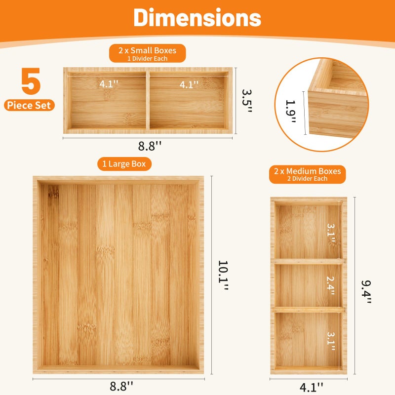 SpaceWhisper Bamboo Drawer Organizer, 5-Piece Drawer Divider with Removable Dividers for Organization and Storage, Multi-Use Stackable Storage Box & Utensil Holder for Kitchen, Office, Makeup & More - Image 2