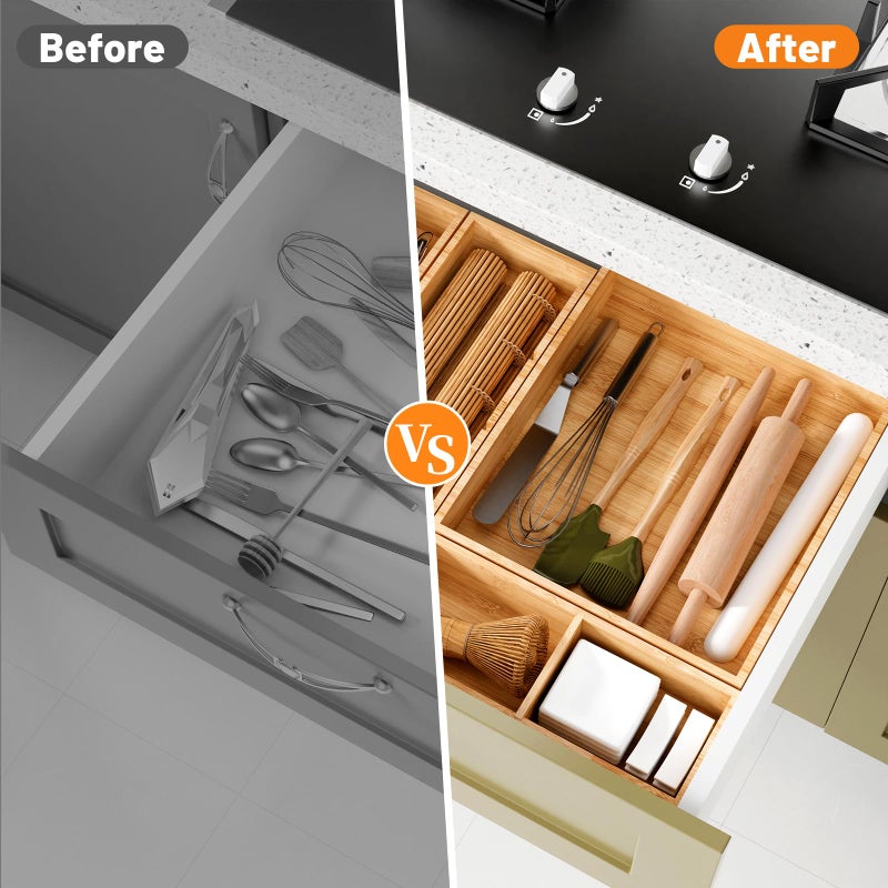 SpaceWhisper Bamboo Drawer Organizer, 5-Piece Drawer Divider with Removable Dividers for Organization and Storage, Multi-Use Stackable Storage Box & Utensil Holder for Kitchen, Office, Makeup & More - Image 5