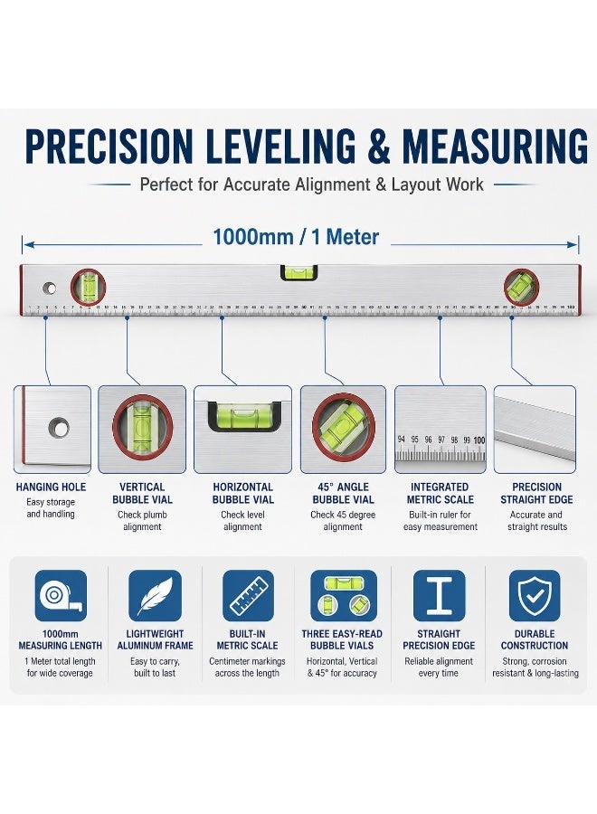Sparta 1000mm Aluminum Spirit Level with Integrated Metric Ruler, 40 Inch 3-Vial Bubble Level for Horizontal Vertical & 45° Alignment, Carpentry, Tiling, Shelving, Construction and DIY - Image 1