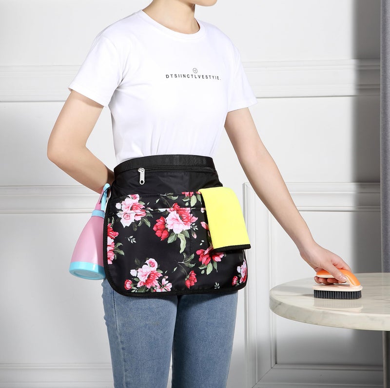 Bafelia Small Size Cleaning Caddy Apron for Women with 5 Pockets, Professional Waterproof Cleaning Supplies for Housekeepers (1, Peony, Small) - Image 2