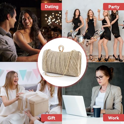 Simcat حقيبة كلتش ذهبية للنساء مع لمسة لامعة لحفلات المساء وحقيبة مسائية مطوية للسيدات لحفلات الزفاف والتخرج (ذهبي) - Image 3