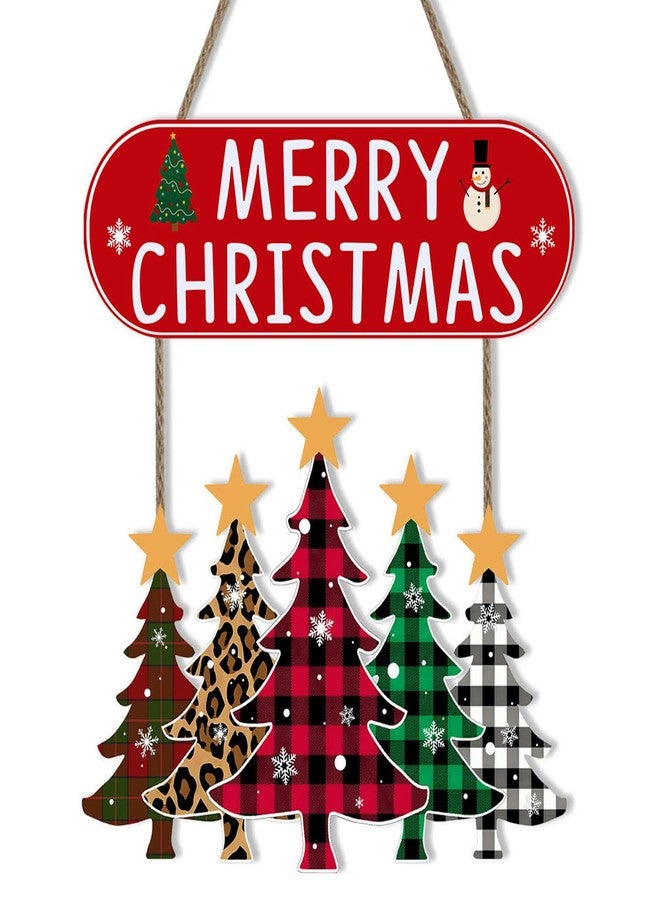 JEVUVU Merry Christmas Door Decorations Sign, Wooden Christmas Tree Wreaths for Front Door, Buffalo Plaid Wooden Wall Sign - Welcome Hanging Decor, Indoor & Outdoor - Image 1