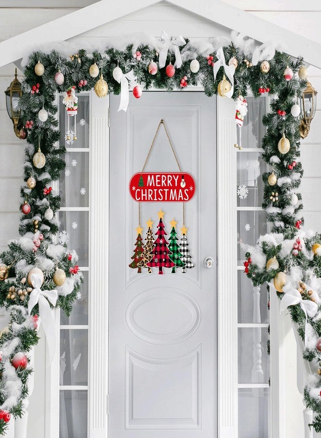 JEVUVU Merry Christmas Door Decorations Sign, Wooden Christmas Tree Wreaths for Front Door, Buffalo Plaid Wooden Wall Sign - Welcome Hanging Decor, Indoor & Outdoor - Image 2