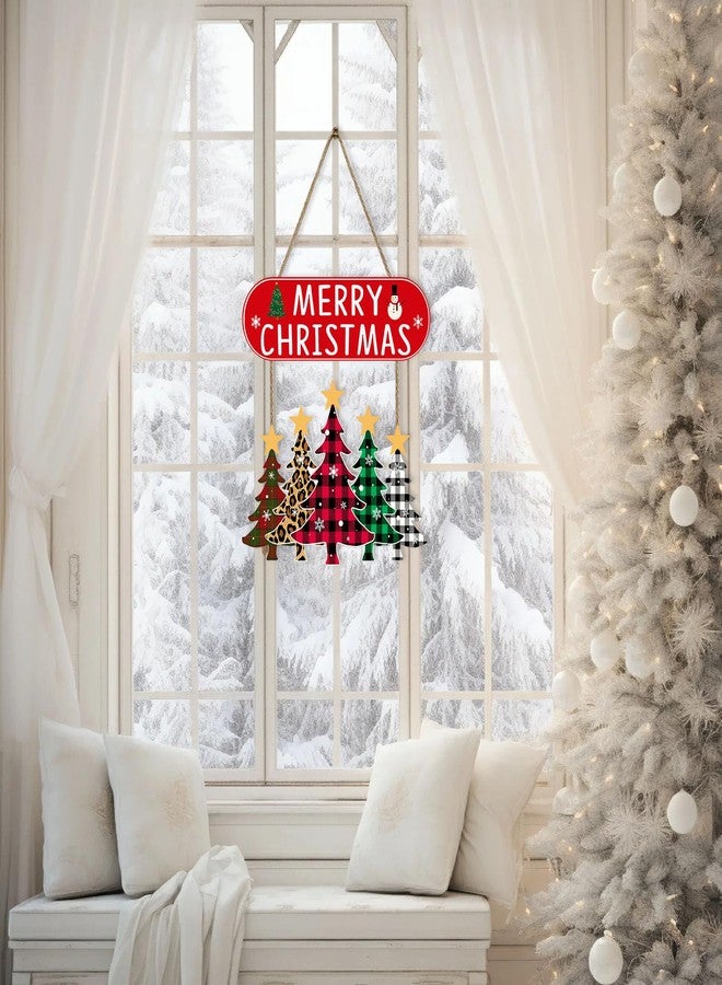 JEVUVU Merry Christmas Door Decorations Sign, Wooden Christmas Tree Wreaths for Front Door, Buffalo Plaid Wooden Wall Sign - Welcome Hanging Decor, Indoor & Outdoor - Image 5