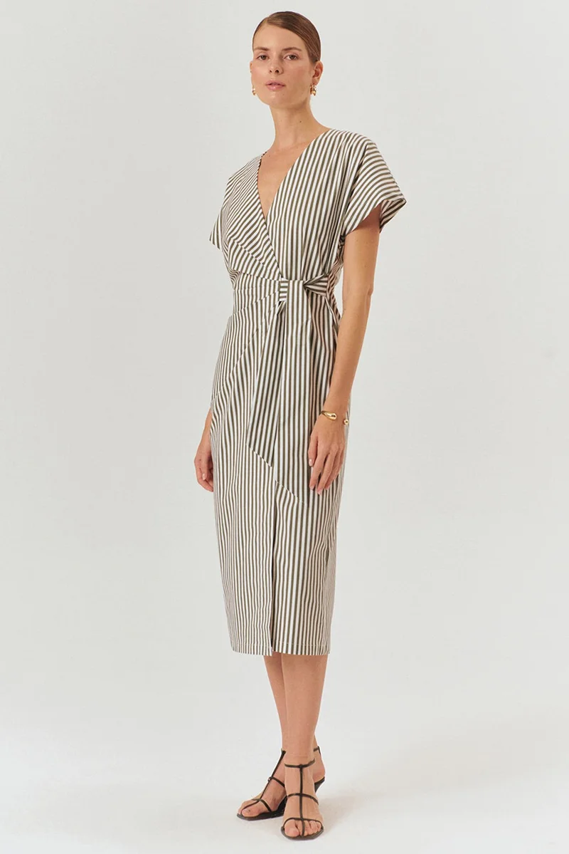 EXQUISE Striped Wrap-Style Cotton Midi Dress