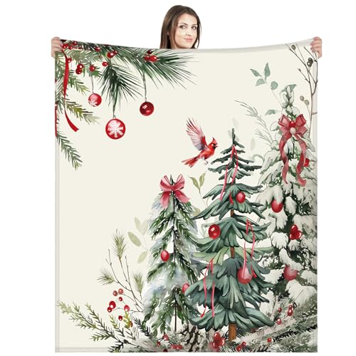 Mindsoft Christmas Tree Blanket Christmas Balls Pine Needles Pine Cardinal Bird Fuzzy Plush Flannel Cozy Blanket Winter Holiday Decor for Home Couch Bedding Room - Image 1