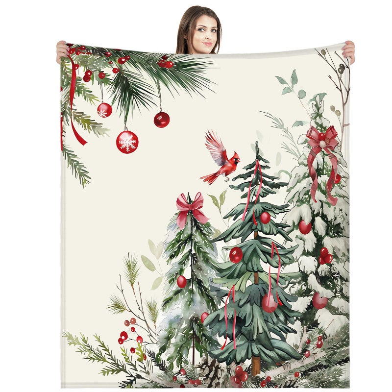 Mindsoft Christmas Tree Blanket Christmas Balls Pine Needles Pine Cardinal Bird Fuzzy Plush Flannel Cozy Blanket Winter Holiday Decor for Home Couch Bedding Room - Image 2