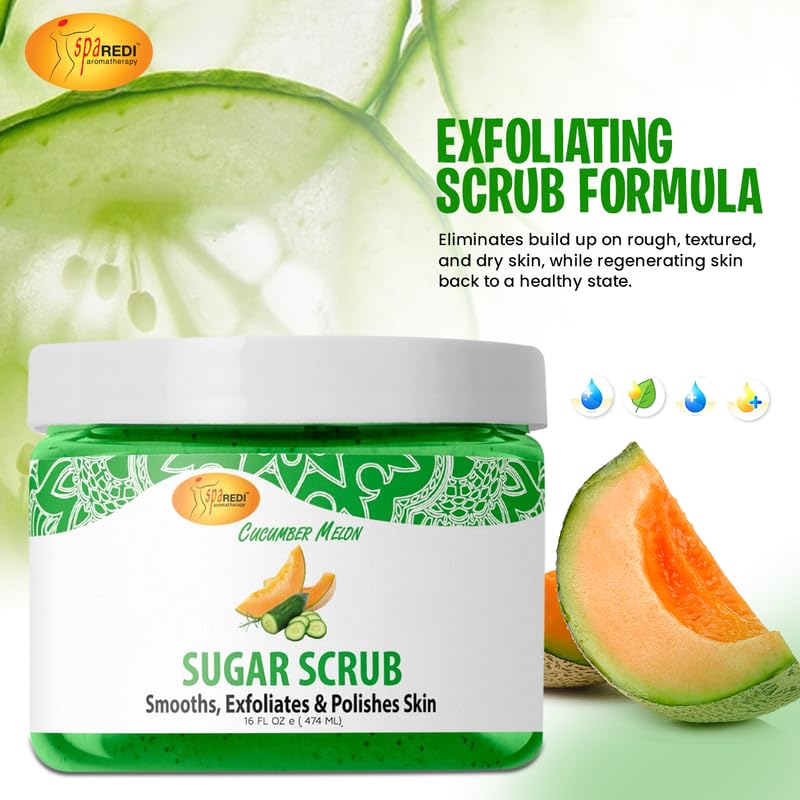 SPA REDI â€“ Sugar Body Scrub, Cucumber Melon, 16 Oz, Exfoliating, Moisturizing, Hydrating and Nourishing, Glow, Polish, Smooth and Fresh Skin - Body Exfoliator - Image 4