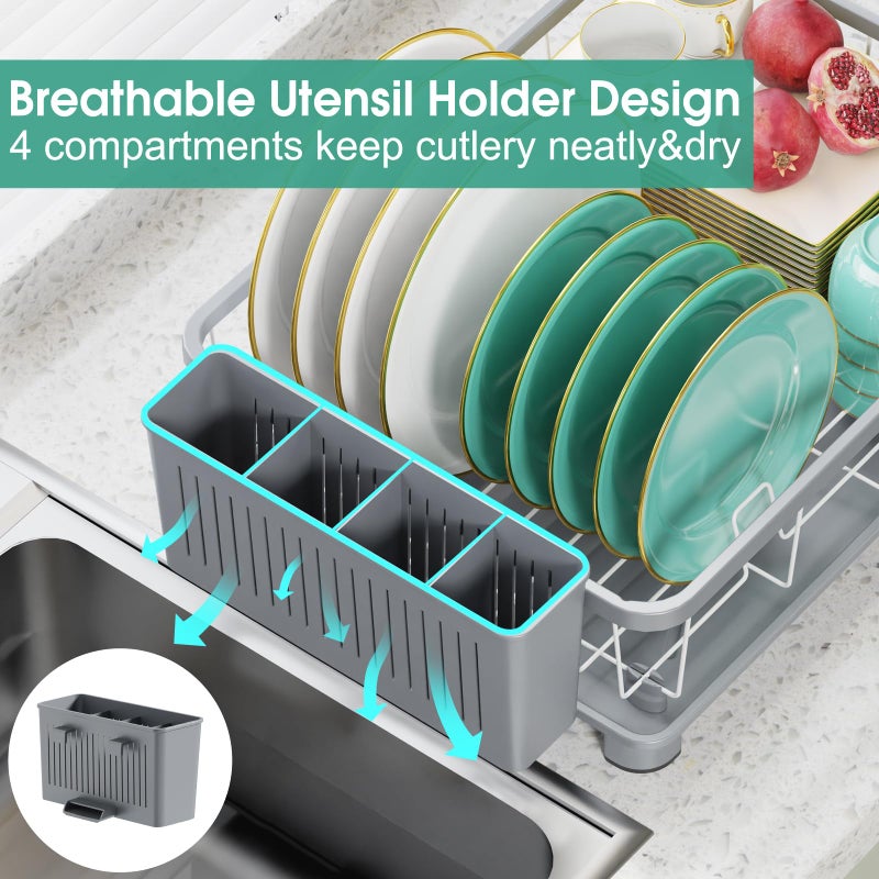 Hiviweer Dish Drying Rack - Space-Saving Dish Rack,Dish Racks for Kitchen Counter with Drainboard, Rustproof Dish Drainer with a Removable 4-Compartment Utensil Holder,Gray - Image 2