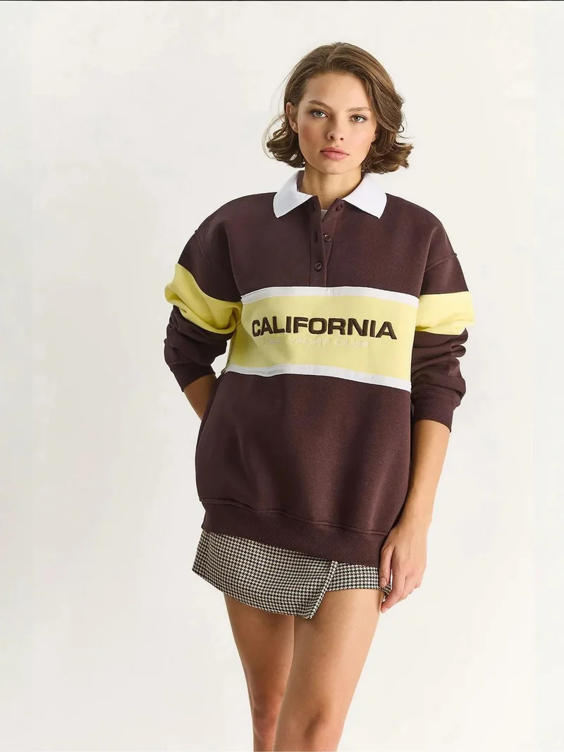 Bianco Lucci Mocha Brown LUCCI Oversized Printed Polo Collar Sweatshirt for Women | Best Price UAE