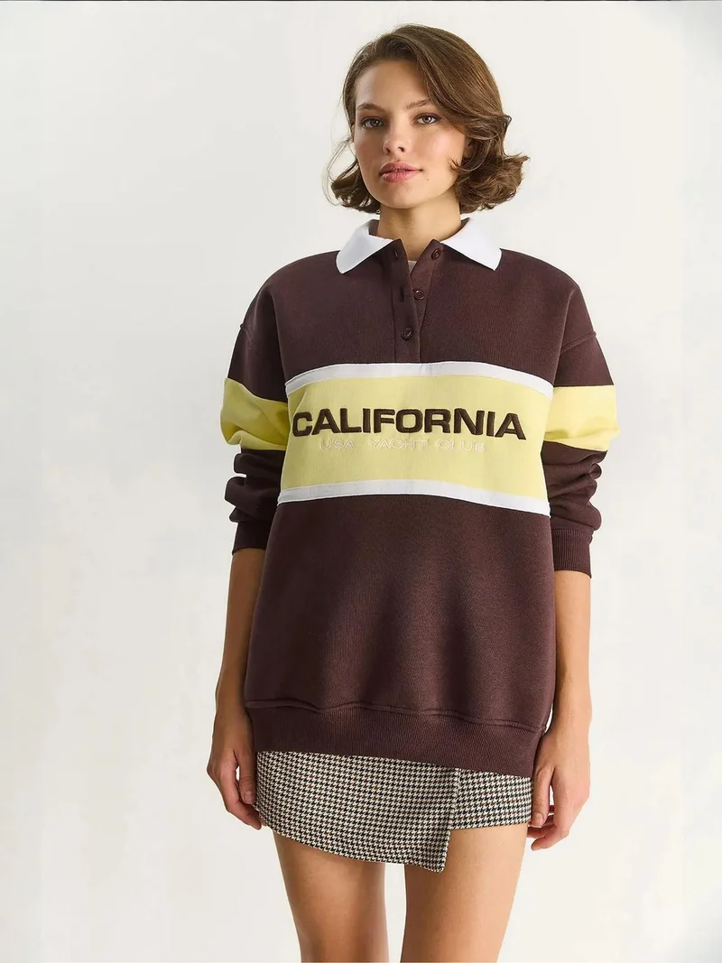 Bianco Lucci Mocha Brown LUCCI Oversized Printed Polo Collar Sweatshirt for Women | Best Price UAE