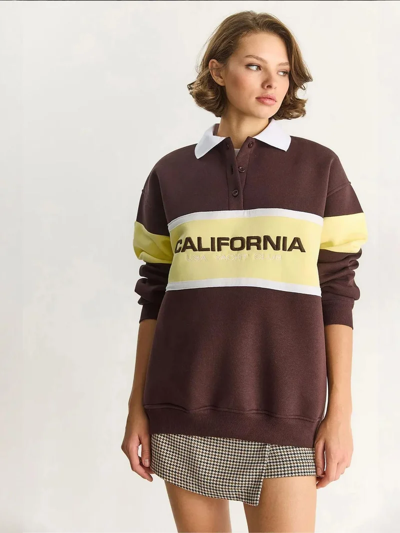 Bianco Lucci Mocha Brown LUCCI Oversized Printed Polo Collar Sweatshirt for Women | Best Price UAE