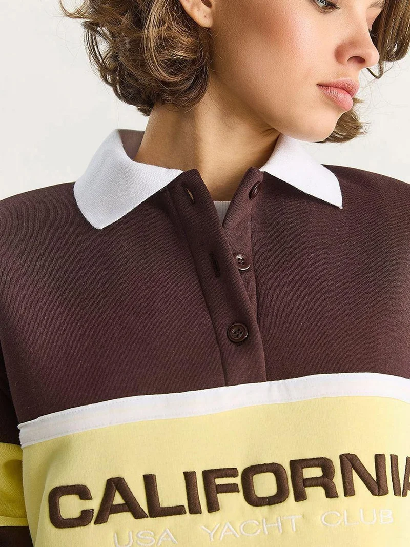 Bianco Lucci Mocha Brown LUCCI Oversized Printed Polo Collar Sweatshirt for Women | Best Price UAE