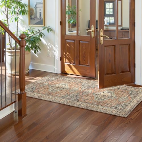 La Home Lahome Oriental Washable Rug Runners for Hallways 2x5 Kitchen Runner Rug Non Slip with Rubber Backing UltraThin Vintage Carpet for Bedroom Bathroom Eleanor PeachOrange - Image 3