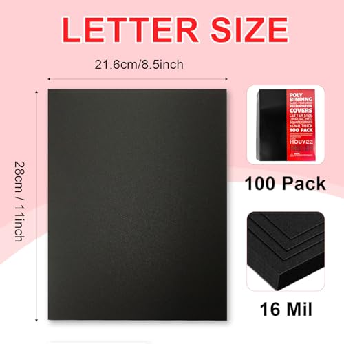 HOUYEE 100 Pack 16 Mil Poly Binding Covers,Sand Texture Binding Presentation Covers,8.5x11 Inches,Letter Size,Black,Square Corners,Un-Punched - Image 2