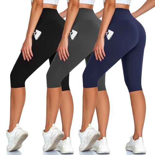 Hi Clasmix High Waisted 3 Pack Women's Capri Pants - Knee Length Yoga Shorts, Biker Workout Leggings for Women,Summer Activewear - Image 1