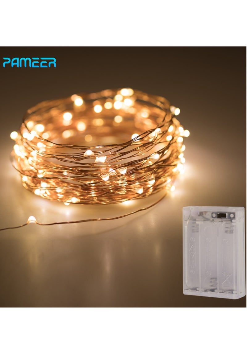 PAMEER Fairy String Lights 10Mtr 33ft 100 LED Warm White AA Battery Operated LED Strip for Christmas EID Ramadan Diwali Wedding Birthday Party Home Decoration Waterproof Single Mode Battery Box Button ON OFF  - Image 1