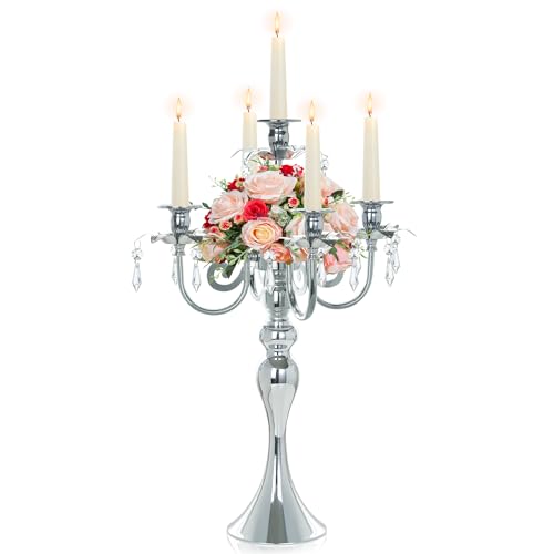 kolnlala 20.3'' Tall 5 Arm Candle Holder Centerpiece for Table, Metal Candelabra Candle Holder, Retro Candlestick Table Centerpieces for Party, Events, Home, Wedding Decor (1Pc, Silver) - Image 1